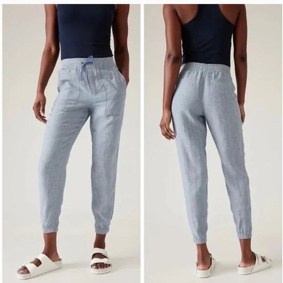 Athleta Retreat Linen Joggers 10 Blue Chambray Pants Travel Resort Cruise - Picture 1 of 6
